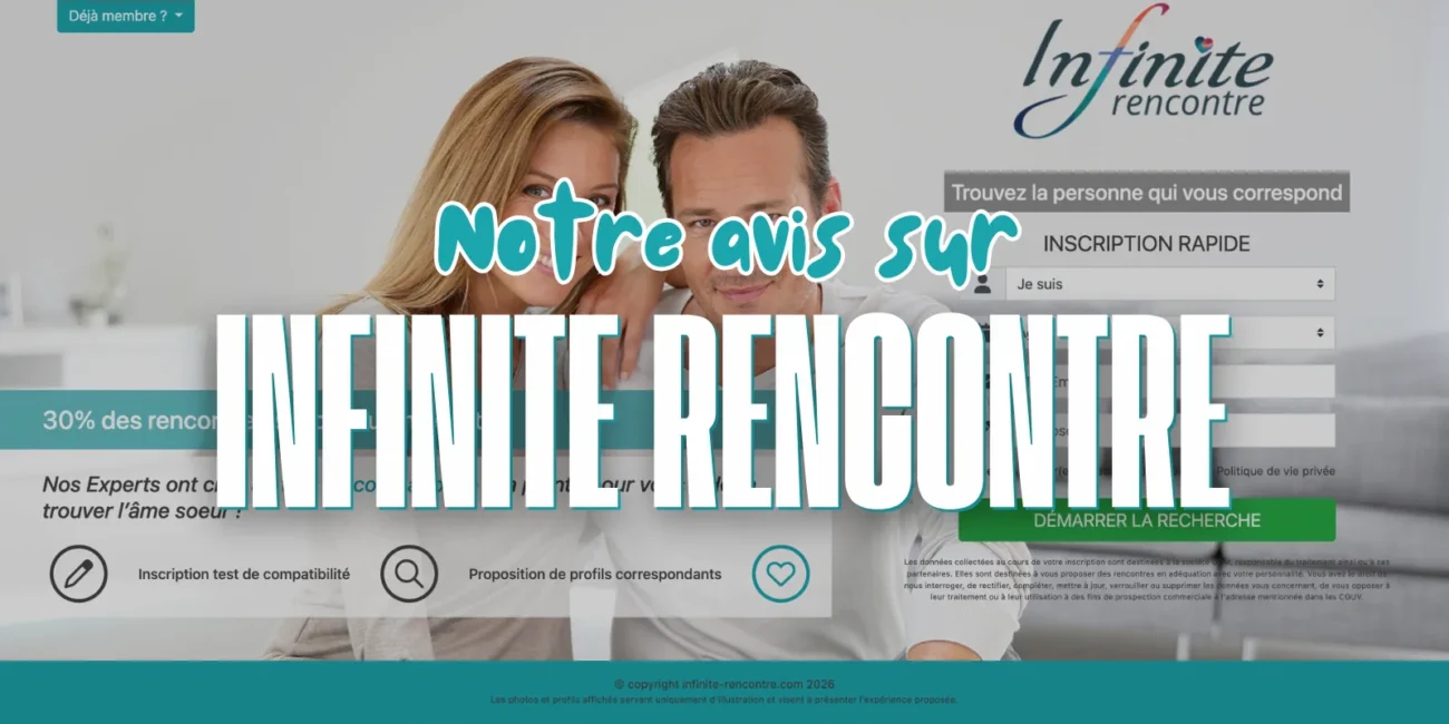 Bannière du site Infinite Rencontre avec un couple souriant et un formulaire d'inscription rapide
