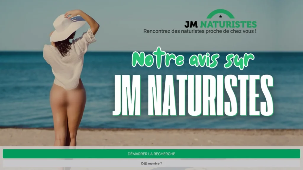 Bannière du site JM Naturistes avec une femme sur une plage et un bouton de recherche