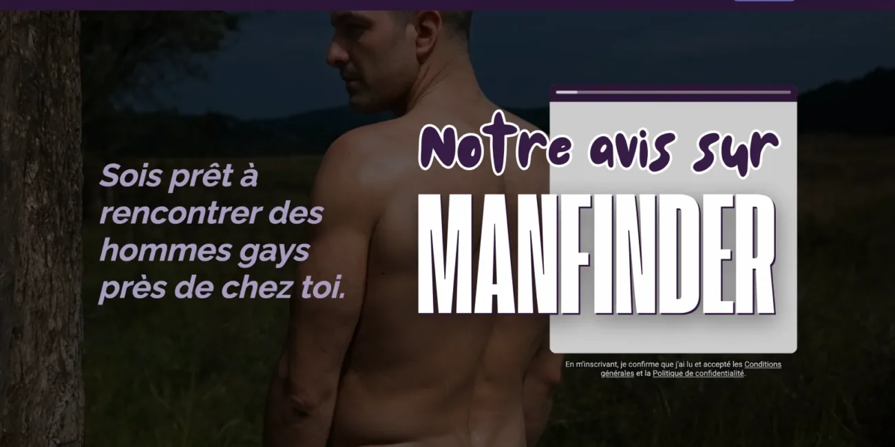 Page d'accueil ManFinder avec photo d'un homme torse nu et bouton de connexion